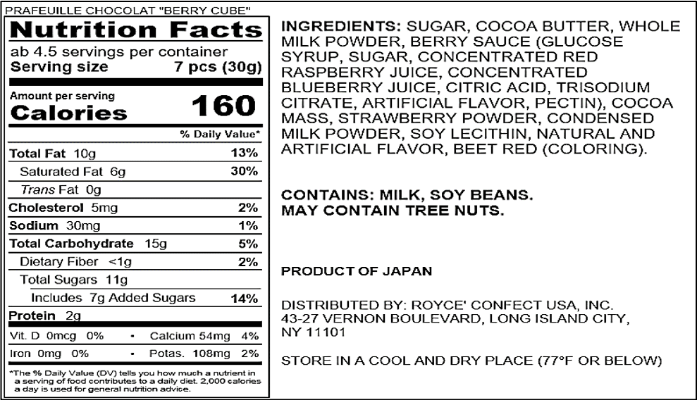 ROYCE' Chocolate - Prafeuille Chocolat "Berry Cube" - Nutrition Facts