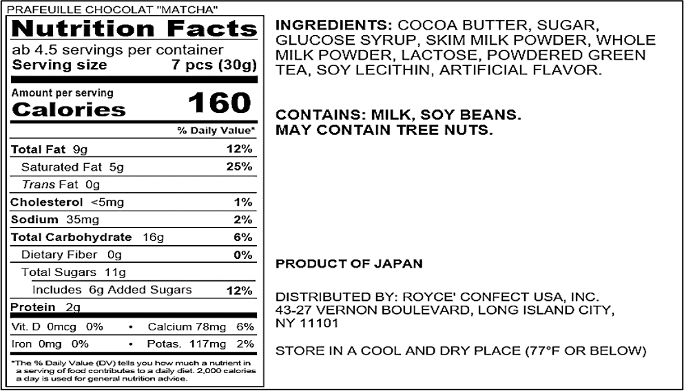 ROYCE' Chocolate - Prafeuille Chocolat "Matcha" - Nutrition Facts
