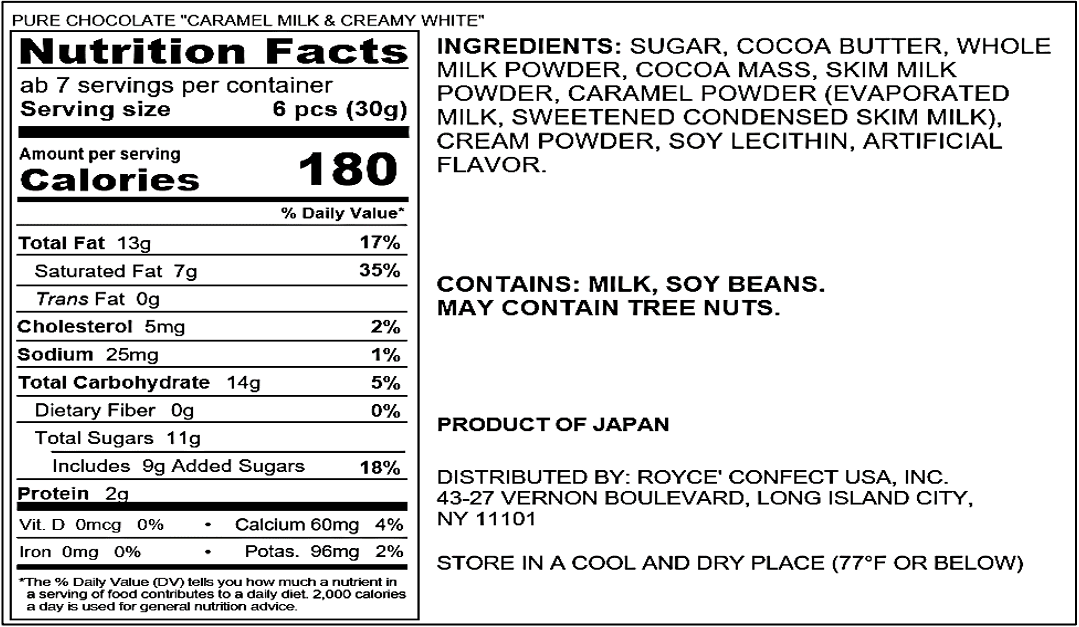 ROYCE' Chocolate - Pure Chocolate "Caramel Milk & Creamy White" - Nutrition Facts