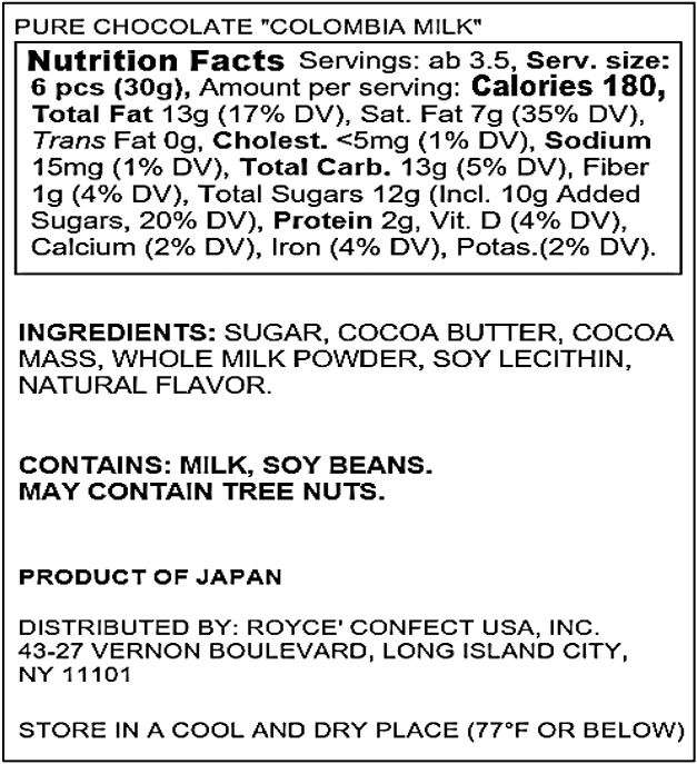 ROYCE' Chocolate - Pure Chocolate "Colombia Milk" - Nutrition Facts