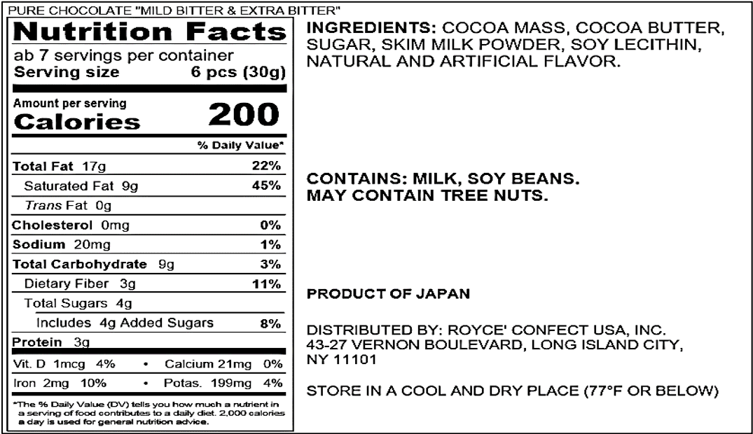 ROYCE' Chocolate - Pure Chocolate "Mild Bitter & Extra Bitter" - Nutrition Facts