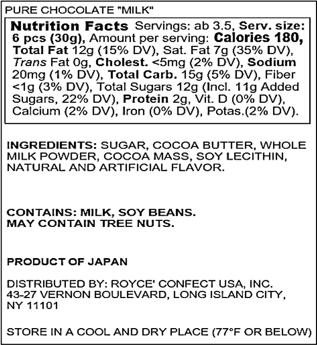 ROYCE' Chocolate - Pure Chocolate "Milk" - Nutrition Facts