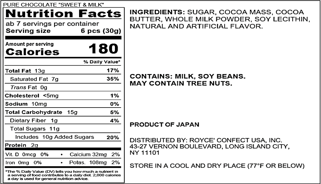 ROYCE' Chocolate - Pure Chocolate "Sweet & Milk" - Nutrition Facts