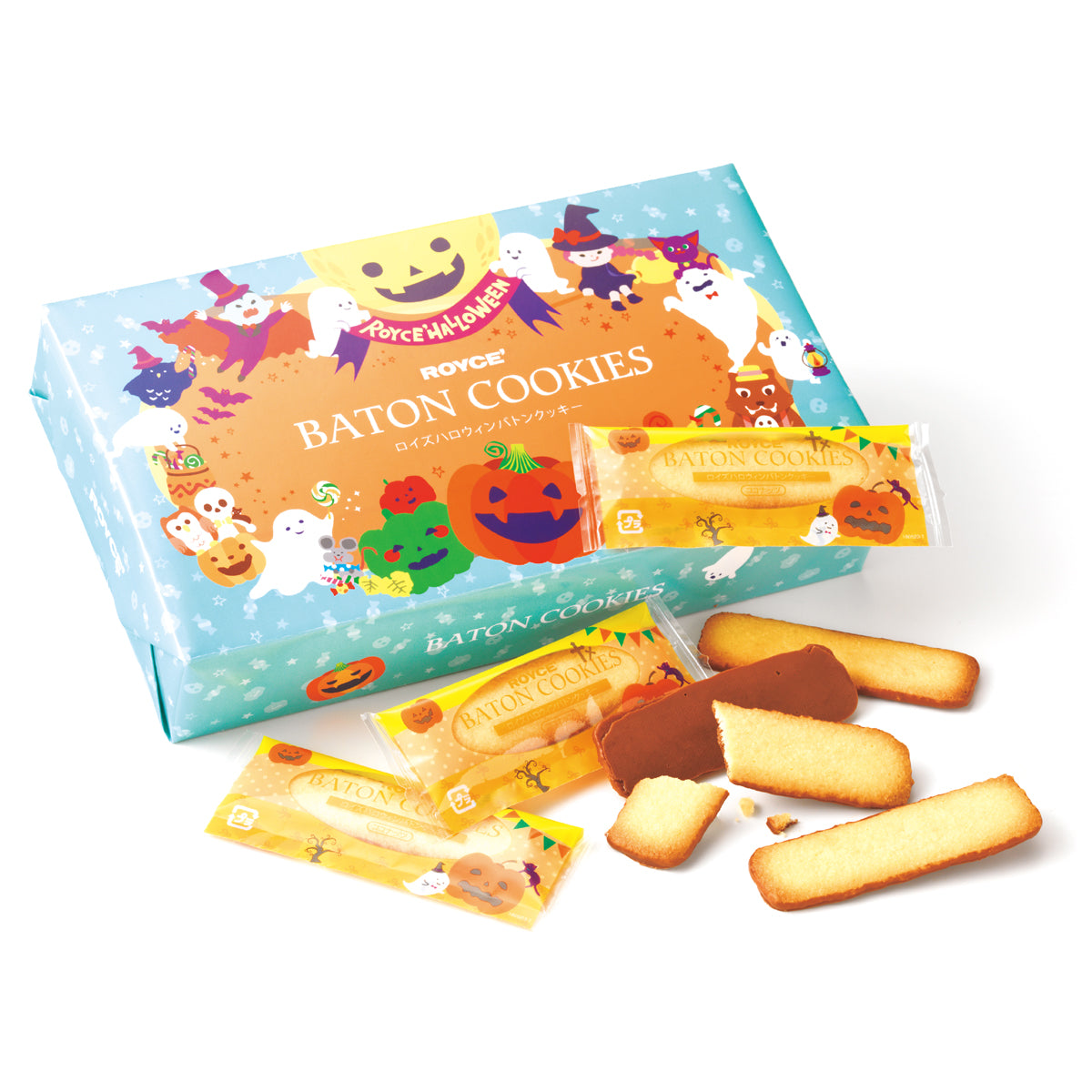 Image shows a blue and orange box on left with illustrations of ghosts, animals and pumpkins. Text says ROYCE' Halloween ROYCE' Baton Cookies. Accents include cookies in yellow and brown. Some cookies have yellow wrapping with illustrations of ghosts, pumpkins, and trees. Background is in color white.
