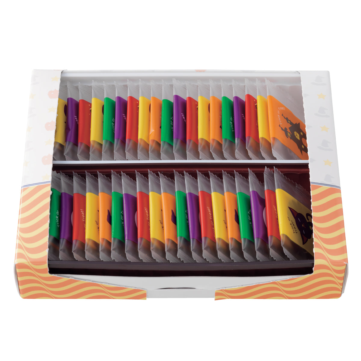 Image shows a box with prints of stars, pumpkins, hats, and stripes. Box inside has rows of individually-wrapped chocolates in wrappers of varying colors.