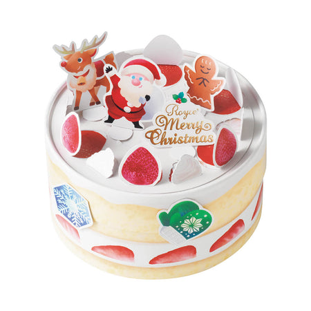 ROYCE' Chocolate - Decoration Cake Box (19 Pcs) (Christmas Package) -  Image shows a round box in yellow and white with illustrations of strawberries in red, blue and white snowflake, and a pair of printed gloves in green and white. Seen on top are cutouts with illustrations of strawberries, a reindeer, a gingerbread angel, a Santa Claus, and a gold text saying ROYCE' Merry Christmas. Background is in white.