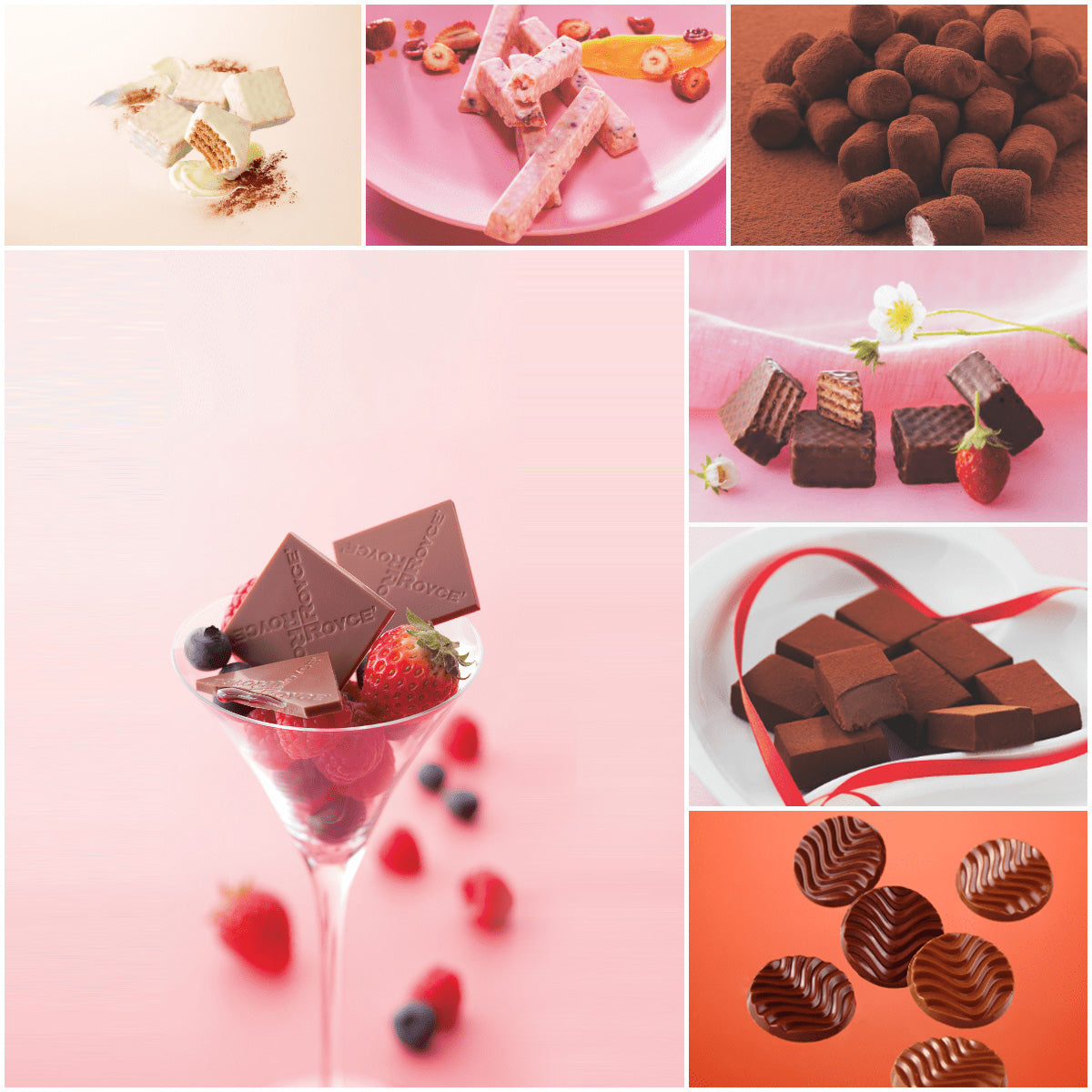 ROYCE' Chocolate - ROYCE' Luxe Gift Set - Clockwise from top: white chocolate wafers with light brown background; pink chocolate bars with fruits on a pink plate; brown chocolate-coated marshmallows; brown chocolate wafers with strawberries and flowers and pink background; brown chocolate blocks on a white plate with red heart-shaped ribbon; brown chocolate discs with a red-orange background; and brown chocolate squares with fruits in a cocktail glass with pink background.