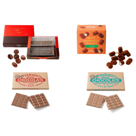 ROYCE' Chocolate - ROYCE' Milk Chocolate Selection - Image shows a collage of chocolate bars. Top from left to right: ROYCE' Pure Chocolate 