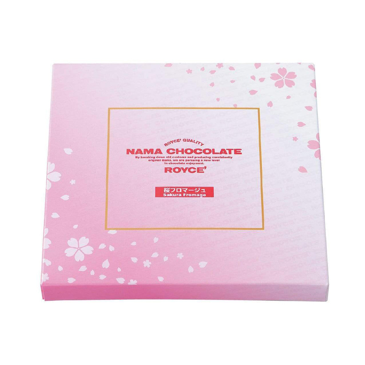 ROYCE' Chocolate - Nama Chocolate "Sakura Fromage" - Image shows a pink box with floral prints. Pink text inside golden square says ROYCE' Quality Nama Chocolate By breaking down old customs and producing consistently original items, we are pursuing a new level in chocolate enjoyment. ROYCE' Sakura Fromage.