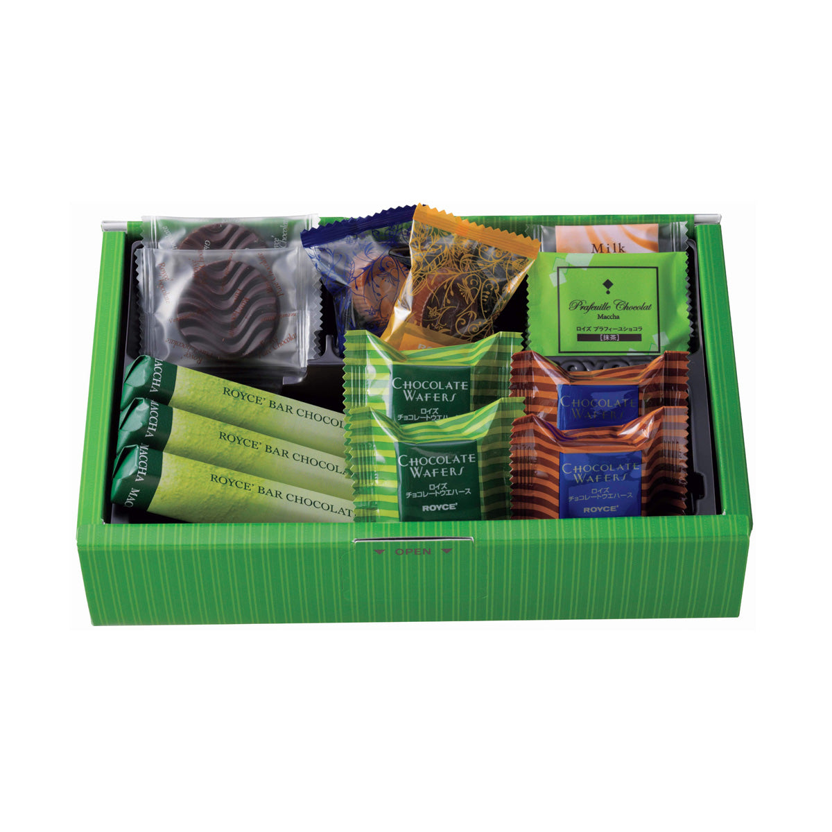 ROYCE' Chocolate - ROYCE' Variety Pack "Flavorful" - Image shows an open box with various chocolates in different shapes, sizes, and colors. Visible texts from left are Matcha ROYCE' Bar Chocolate, Chocolate Wafers, ROYCE', Milk, Prafeuille Chocolat Matcha