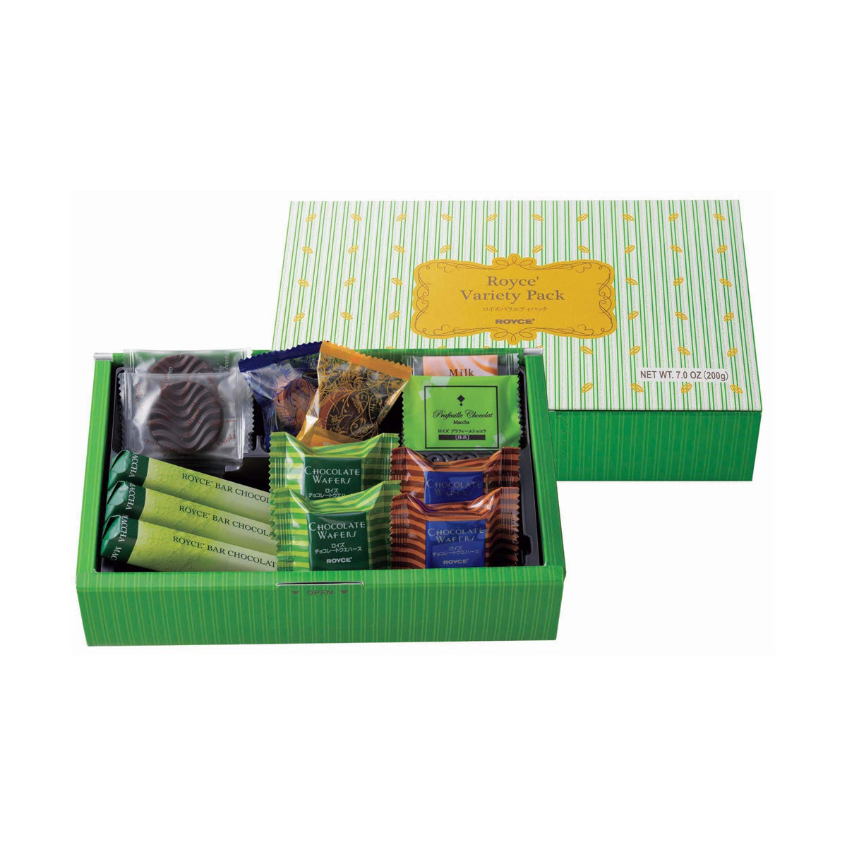 ROYCE' Chocolate - ROYCE' Variety Pack "Flavorful" - Image shows on middle right a green box with leaf prints. Text says ROYCE' Variety Pack ROYCE' Net Wt 7.0 Oz (200g). Below on middle left is an open box with various chocolates in different shapes, sizes, and colors.