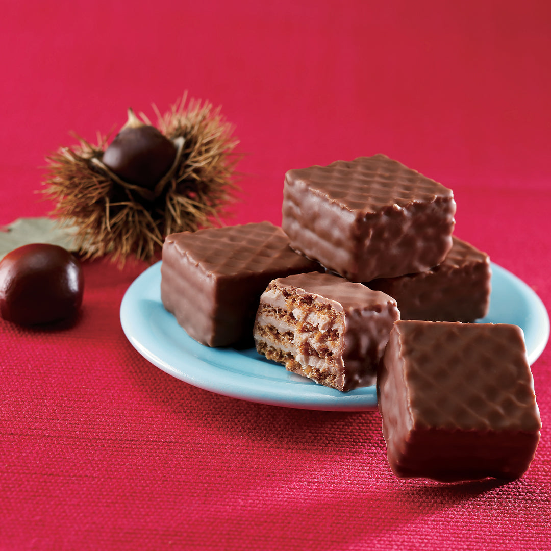 Image shows brown chocolate wafers on a blue plate. Accents include brown chestnuts. Background is in red.