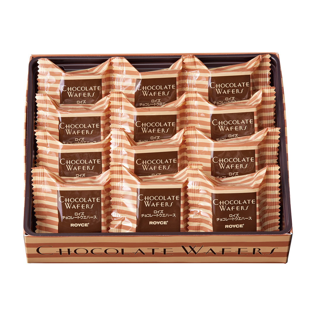 Image shows an open box with confections wrapped in a packaging of brown and yellow stripes. Text on each confection says Chocolate Wafers. Text below the box says Chocolate Wafers. Background is in white.