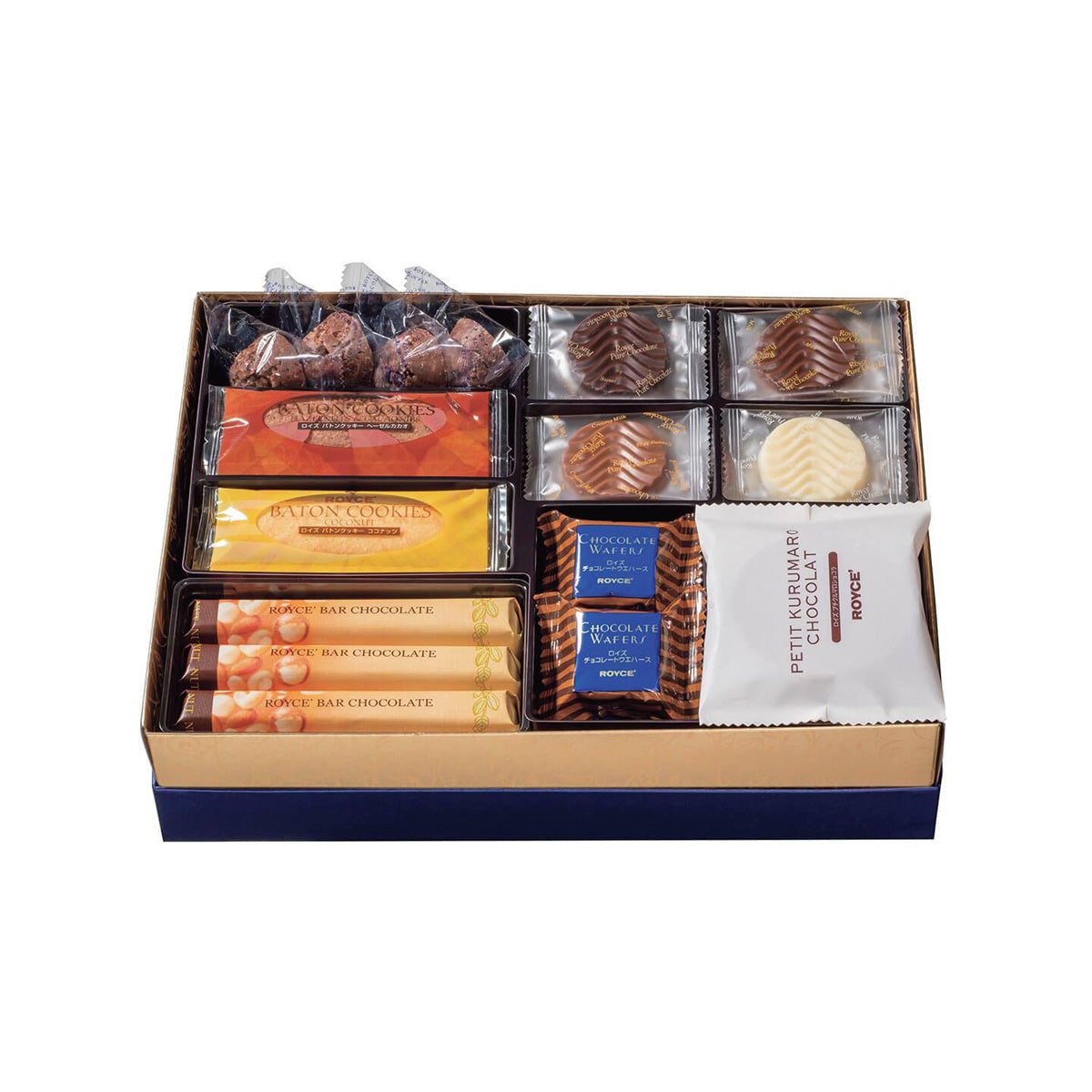ROYCE' Chocolate - ROYCE' Collection "Blue" - Image shows an open box with different kinds of individually-wrapped confections in various shapes and colors.