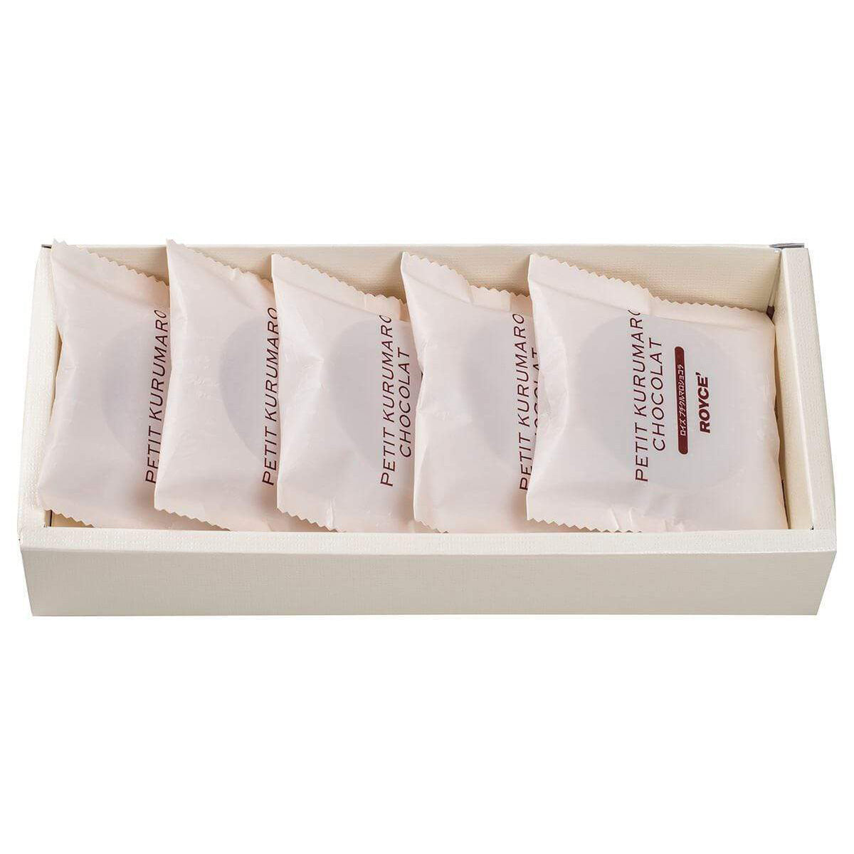 ROYCE' Chocolate - Petit Kurumaro Chocolat (5 Pcs) - Image shows an open box with individually-wrapped chocolate discs in white packaging. Each has text saying Petit Kurumaro Chocolat ROYCE'.