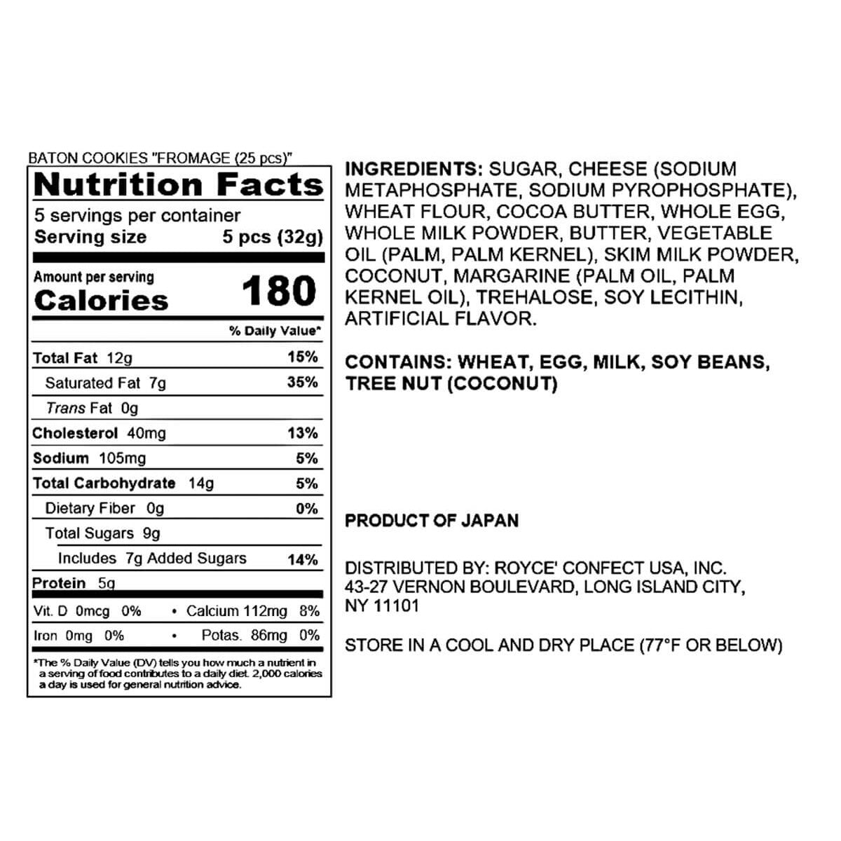 ROYCE' Chocolate - Baton Cookies "Fromage (25 Pcs)" - Nutrition Facts