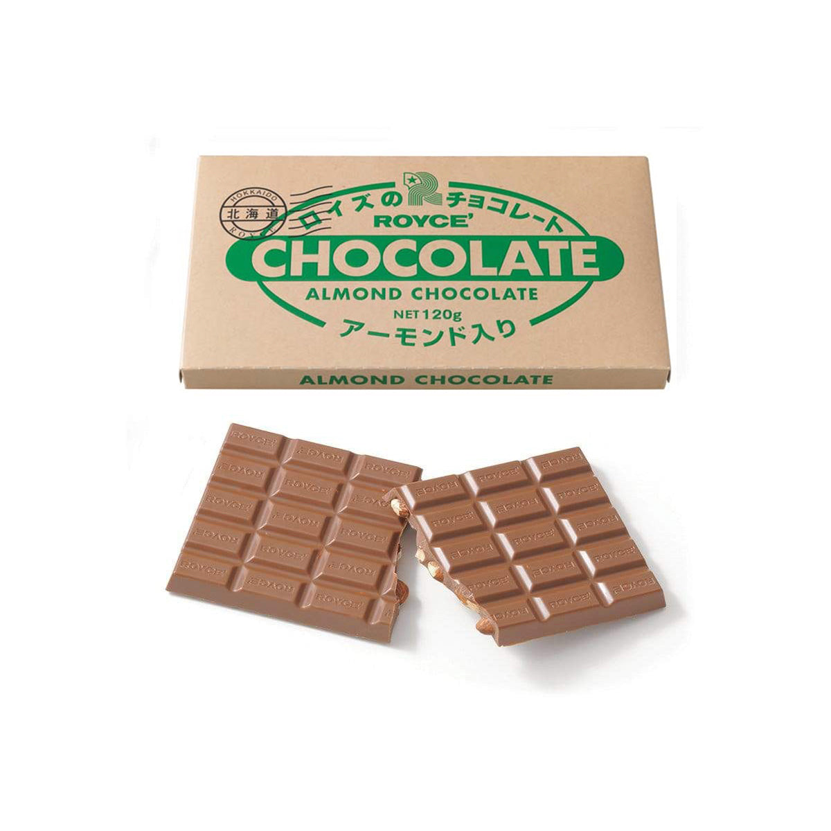 ROYCE' Chocolate - Chocolate Bar "Almond" - Image shows a chocolate carton. Text in black says Hokkaido ROYCE'. Text in green says ROYCE' Chocolate Almond Chocolate Net 120g. Text on bottom part says Almond Chocolate. Image below shows brown chocolate bars with almonds and the word "ROYCE'" engraved.