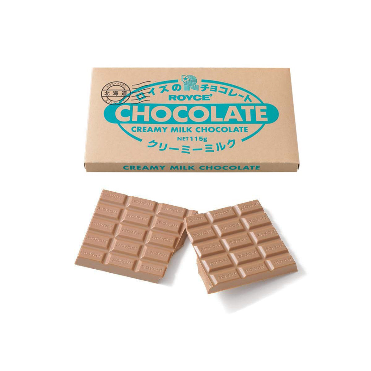 ROYCE' Chocolate - Chocolate Bar "Creamy Milk" - Image shows a chocolate carton. Text in black says Hokkaido ROYCE'. Text in blue says ROYCE' Chocolate Creamy Milk Chocolate Net 115g. Text on bottom part says Creamy Milk Chocolate. Image below shows brown chocolate bars and the word "ROYCE'" engraved.