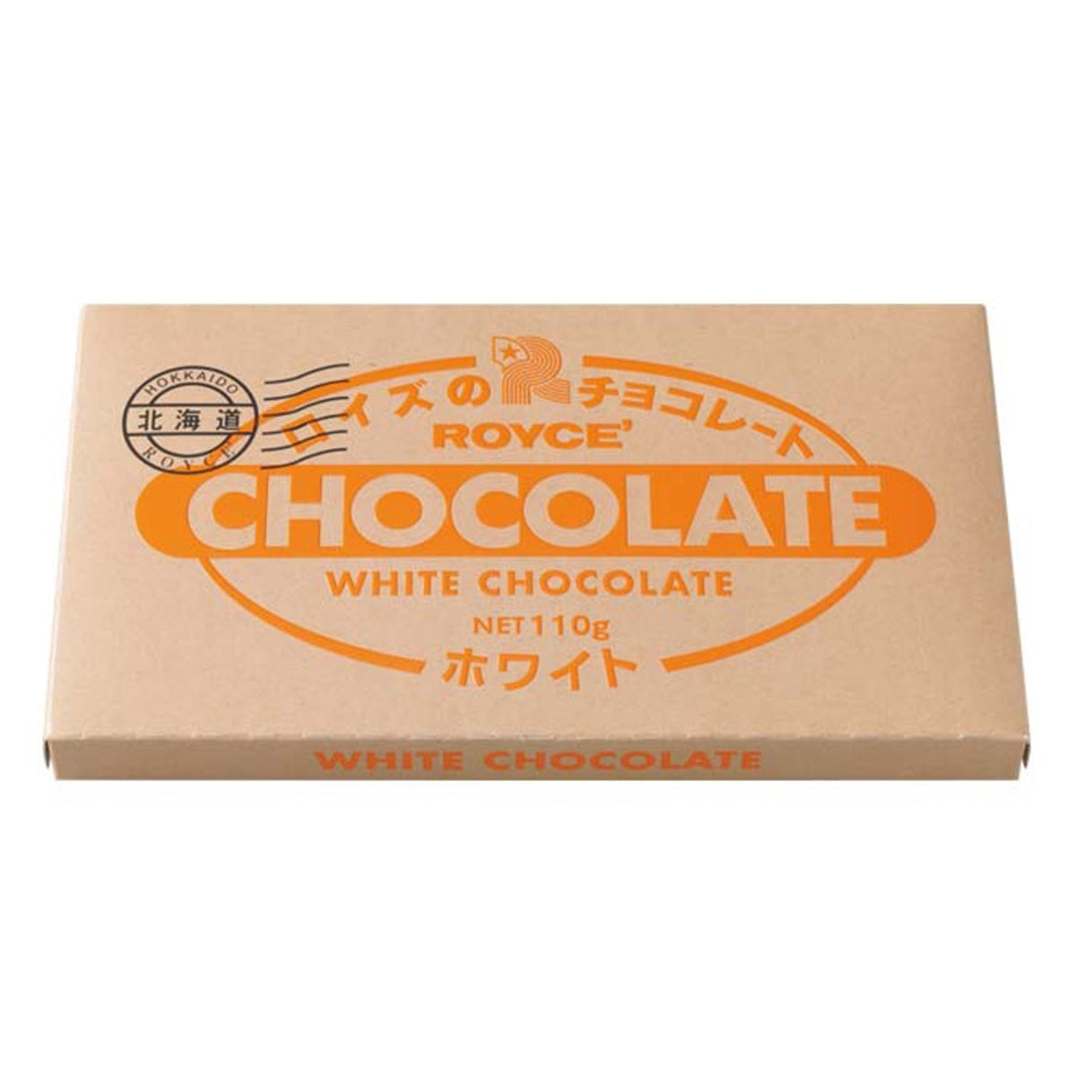 ROYCE' Chocolate - Chocolate Bar "White" - Image shows a chocolate carton. Text in black says Hokkaido ROYCE'. Text in orange says ROYCE' Chocolate White Chocolate Net 110g. Text on bottom part says White Chocolate.