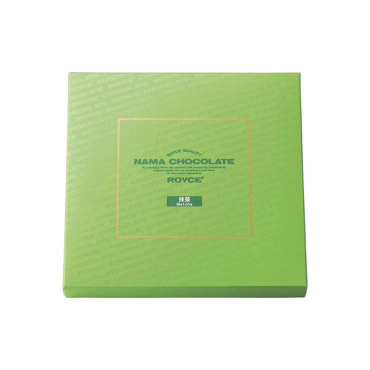 ROYCE' Chocolate - Nama Chocolate "Matcha" - Image shows a green box with green text inside golden square saying ROYCE' Quality Nama Chocolate By breaking down old customs and producing consistently original items, we are pursuing a new level in chocolate enjoyment. ROYCE' Matcha.