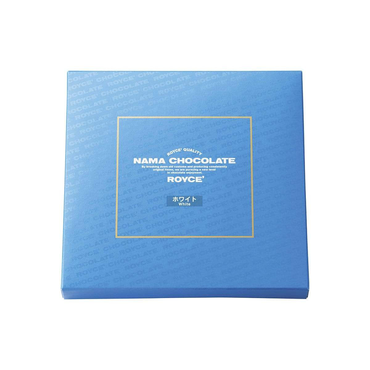 ROYCE' Chocolate - Nama Chocolate "White" - Image shows a blue box. White text inside golden square says ROYCE' Quality Nama Chocolate By breaking down old customs and producing consistently original items, we are pursuing a new level in chocolate enjoyment. ROYCE' White.