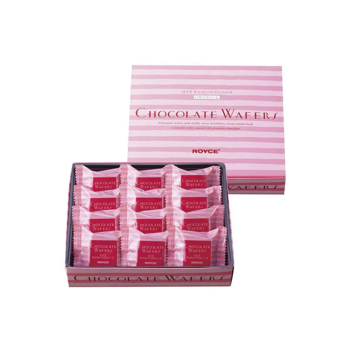 ROYCE' Chocolate - Chocolate Wafers "Strawberry Cream" - Image on top shows a pink striped box. Red text says Chocolate Wafers Chocolate wafers with mildly sweet strawberry cream sandwiched; a crunchy wafer coated with premium chocolate. ROYCE'. Text on the bottom part says Chocolate Wafers. Below is a pink box filled with individually-wrapped wafers with pink striped wrapper. Red text on each says Chocolate Wafers ROYCE'. Red text on the bottom part says Chocolate Wafers.