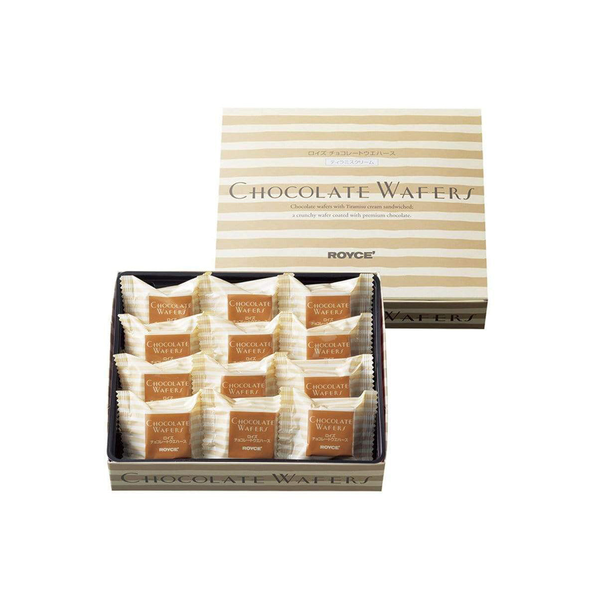 ROYCE' Chocolate - Chocolate Wafers "Tiramisu Cream" - Image on top shows a light brown striped box. Bronze text says Chocolate Wafers Chocolate wafers with Tiramisu cream sandwiched; a crunchy wafer coated with premium chocolate. ROYCE'. Text on the bottom part says Chocolate Wafers. Below is a light brown box filled with individually-wrapped wafers with light brown striped wrapper. Bronze text on each says Chocolate Wafers ROYCE'. Bronze text on the bottom part says Chocolate Wafers.