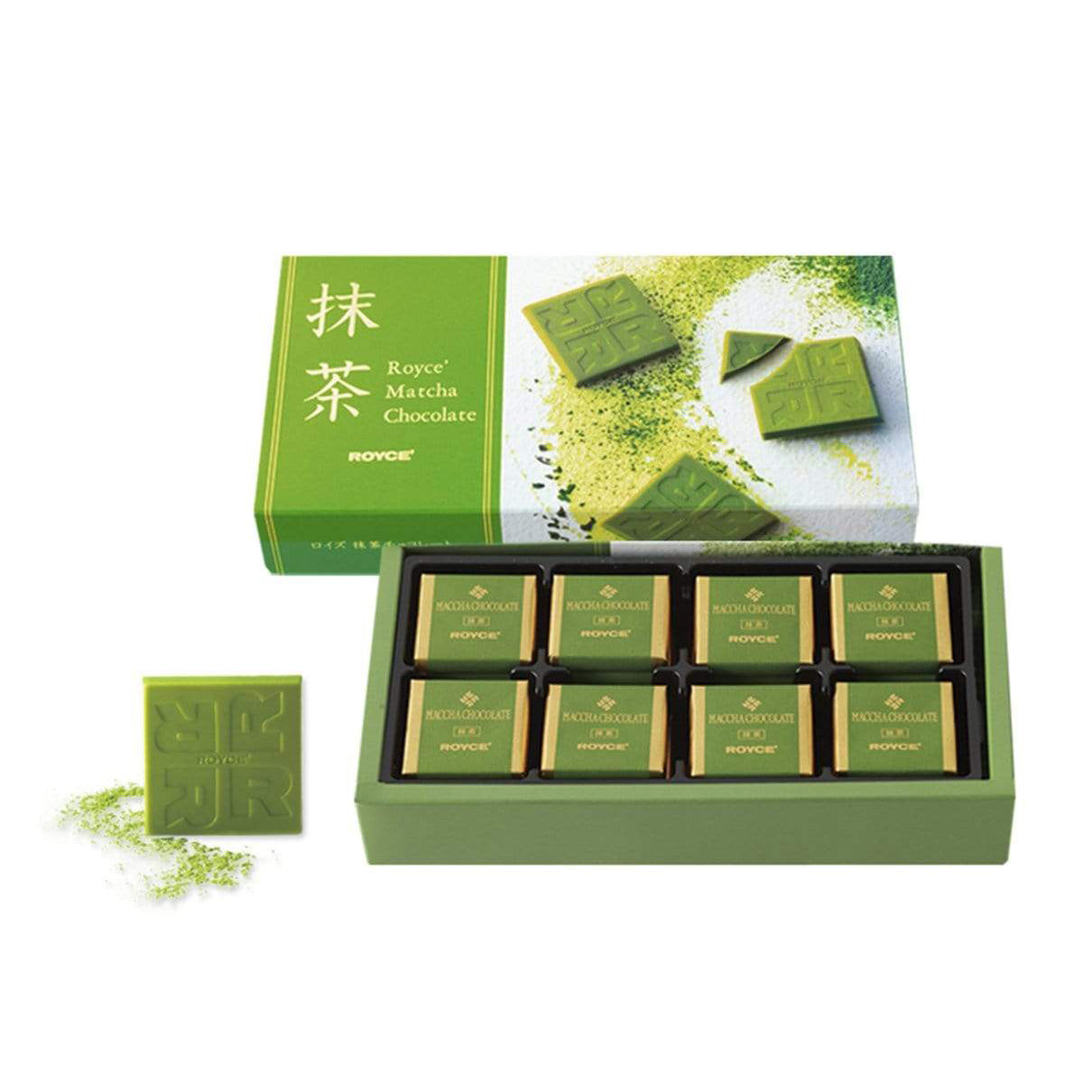 ROYCE' Chocolate - Matcha Chocolate - Image on top center shows a box with a green block with golden text that says ROYCE' Matcha Chocolate ROYCE' with a picture of green chocolates engraved with the letter "R" and the word "ROYCE'". Green box below has individually-wrapped chocolates with gold and green colors with text saying Matcha Chocolate ROYCE'. On the left is a green chocolate square engraved with "R" letters and the word "ROYCE'" with green powder. 