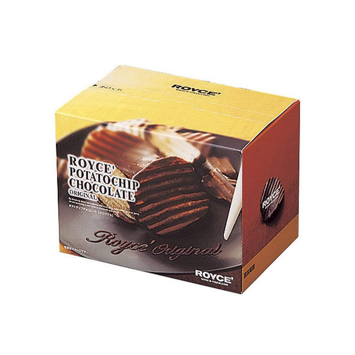 ROYCE' Chocolate - Potatochip Chocolate "Original" - Image shows a yellow and brown box with a picture of brown chocolate-covered potato chips. Text says ROYCE' Potatochip Chocolate ROYCE' Original. The words "ROYCE'" can be found on the top, right, and bottom parts of the box.