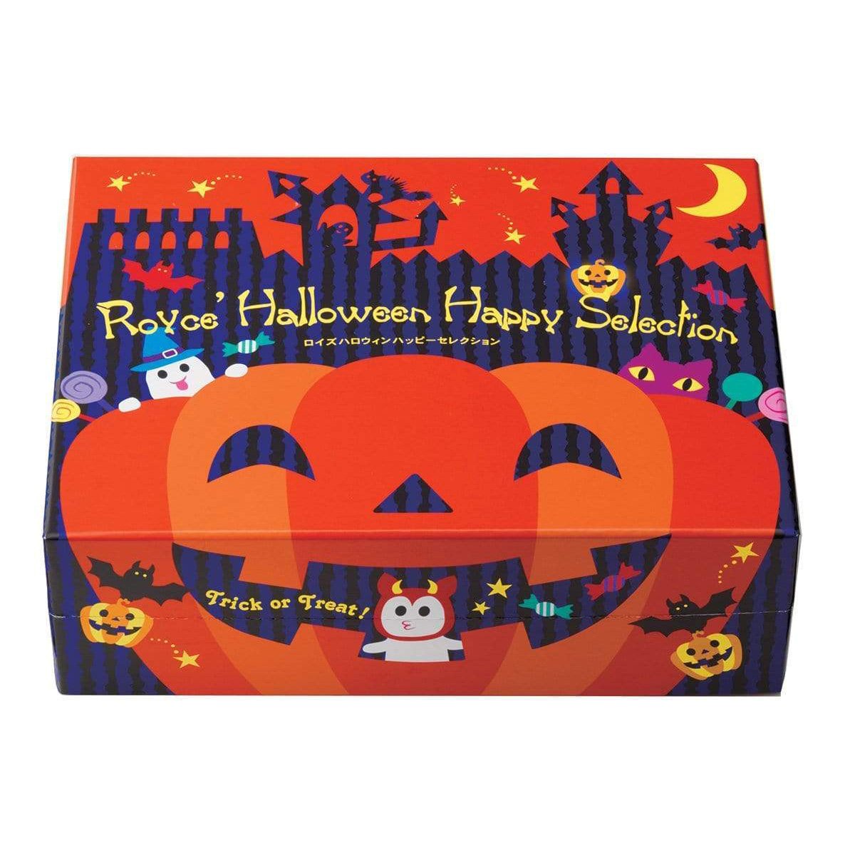 Image shows an orange box with illustrations of ghosts, animals, stars, and pumpkins. Text above says ROYCE' Halloween Happy Selection. Text below says Trick or Treat!