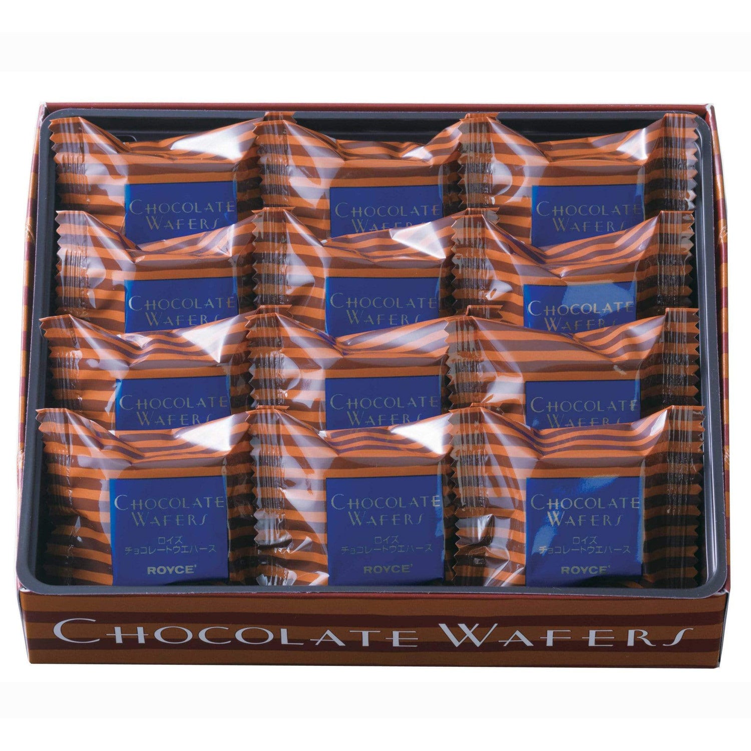 ROYCE' Chocolate - Chocolate Wafers "Hazel Cream" - Image shows a brown box filled with individually-wrapped wafers with brown striped packaging. Blue text on each says Chocolate Wafers ROYCE'. White text on the bottom part says Chocolate Wafers.