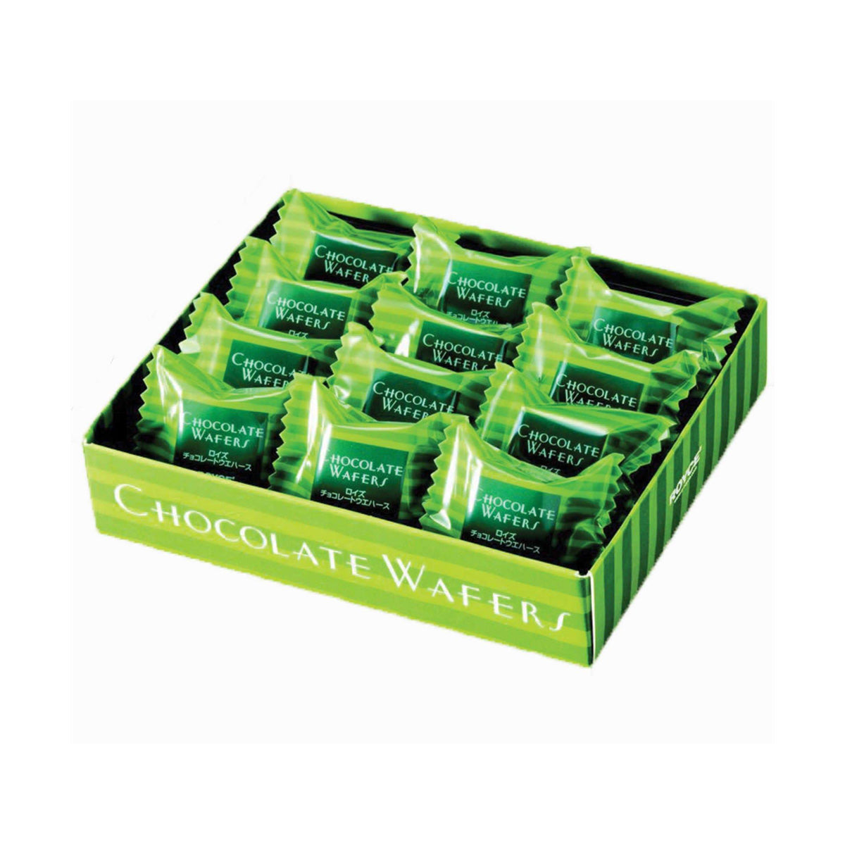 ROYCE' Chocolate - Chocolate Wafers "Matcha" -  Image shows a green box filled with individually-wrapped wafers with green striped wrapper. White text on each says Chocolate Wafers ROYCE'. White text on the bottom part says Chocolate Wafers.