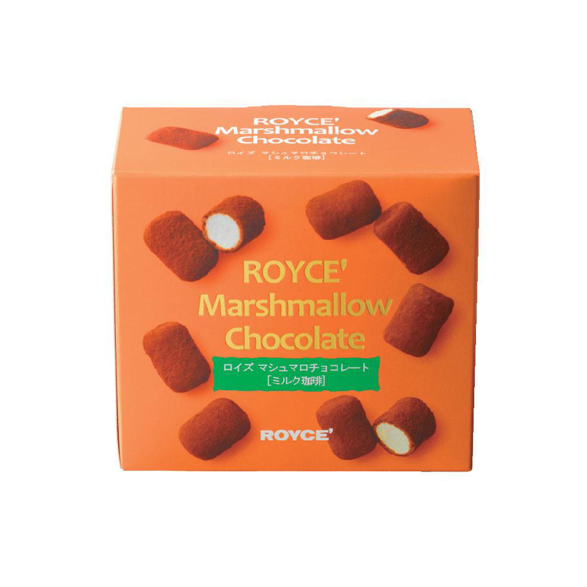 ROYCE' Chocolate - Marshmallow Chocolate "Milk Coffee" - Image shows an orange box with pictures of brown chocolate-coated white marshmallows. Top and center texts say ROYCE' Marshmallow Chocolate. Text on bottom says ROYCE'.