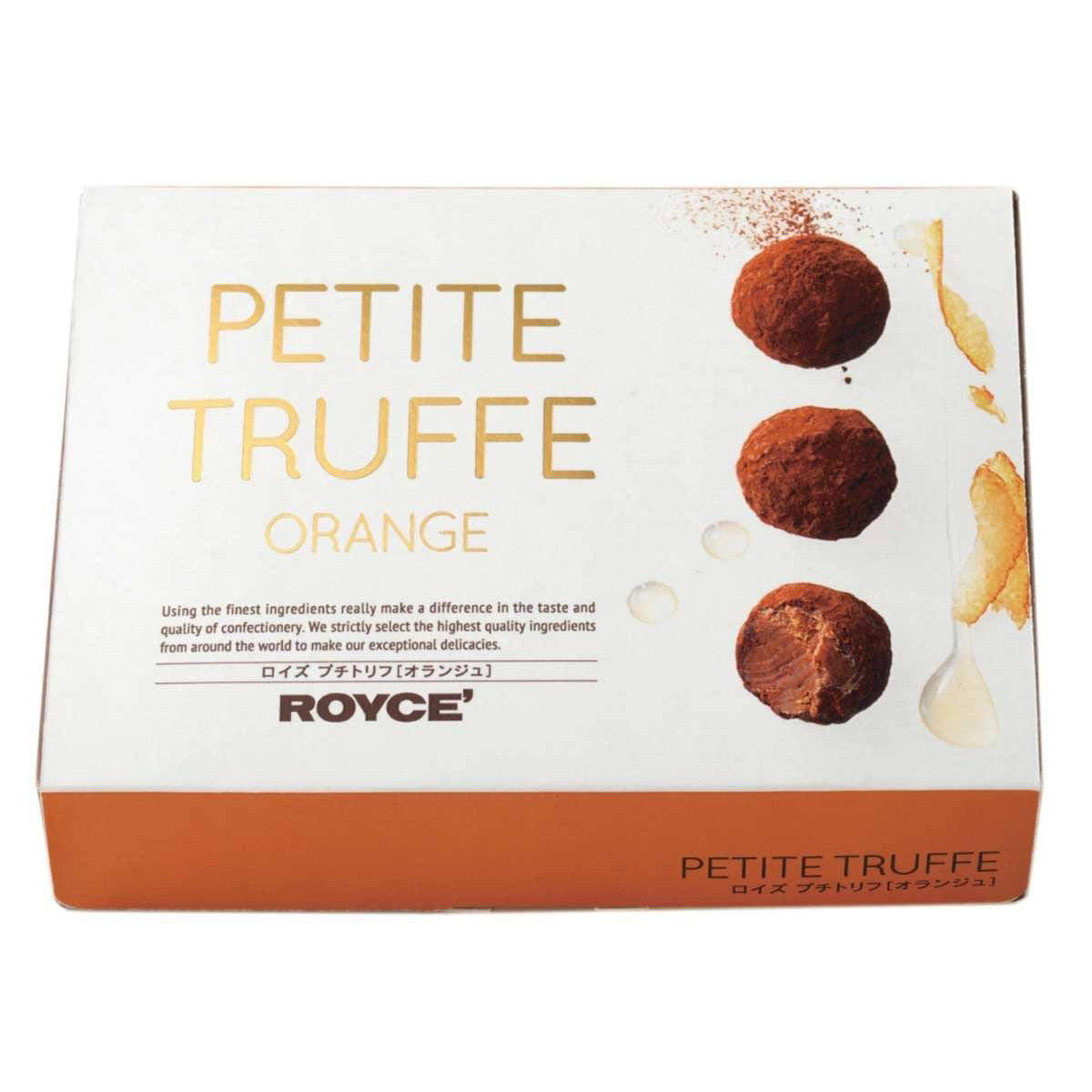 ROYCE' Chocolate - Petite Truffe "Orange" - Image shows a box in white and orange with pictures of brown chocolate balls in the right. Text says Petite Truffe Orange Using the finest ingredients really make a difference in the taste and quality of confectionery. We strictly select the highest quality ingredients from around the world to make our exceptional delicacies. ROYCE'. Petite Truffe.