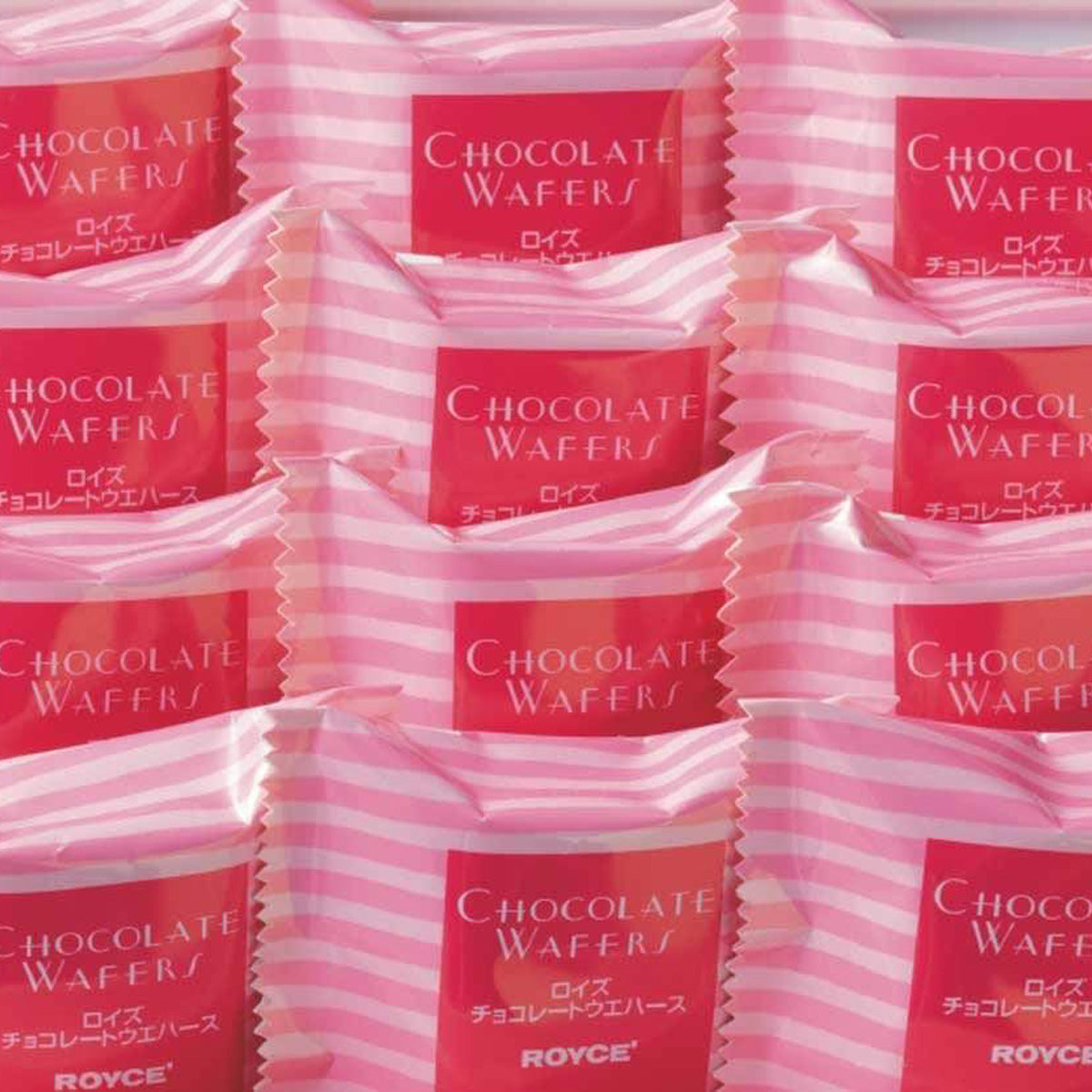ROYCE' Chocolate - Chocolate Wafers "Strawberry Cream" - Image shows individually-wrapped pink-striped  chocolate wafers. Red text says Chocolate Wafers.